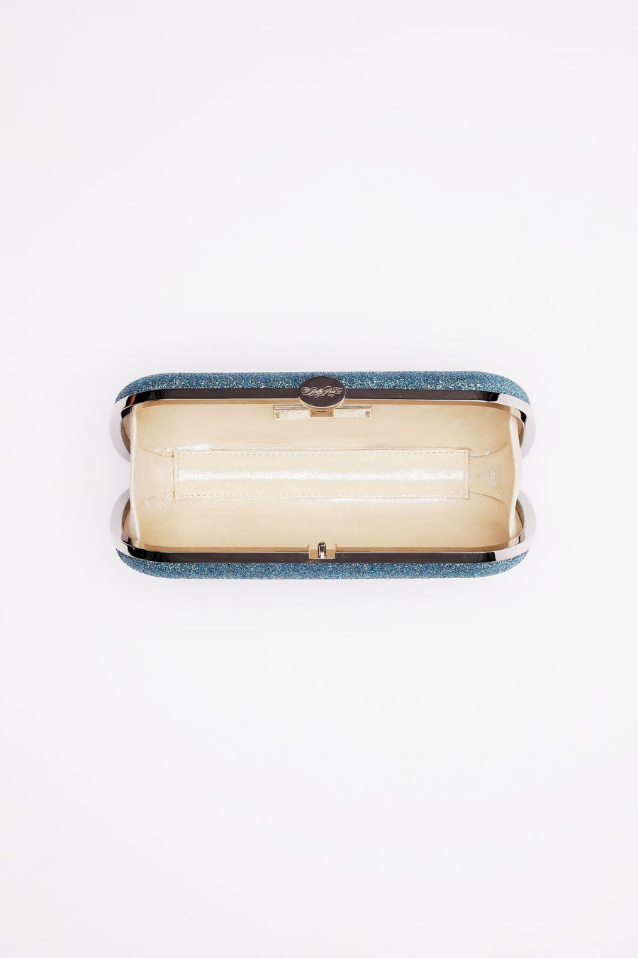 Top open view of Shimmer Bella Clutch in Ocean Blue with silver clasp.