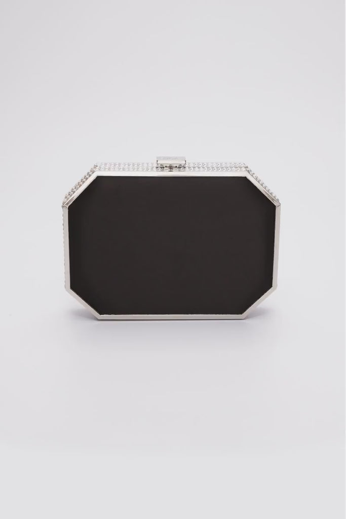 360 view of Como Clutch with a octagon silhouette in black satin and silver gemmed frame.