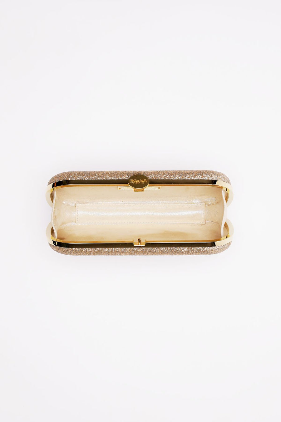Top open view of Bella Clutch in Champagne shimmer with gold hardware frame.