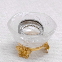 Clear rock crystal quartz ring dish for bridal gift with gold butterfly feet.