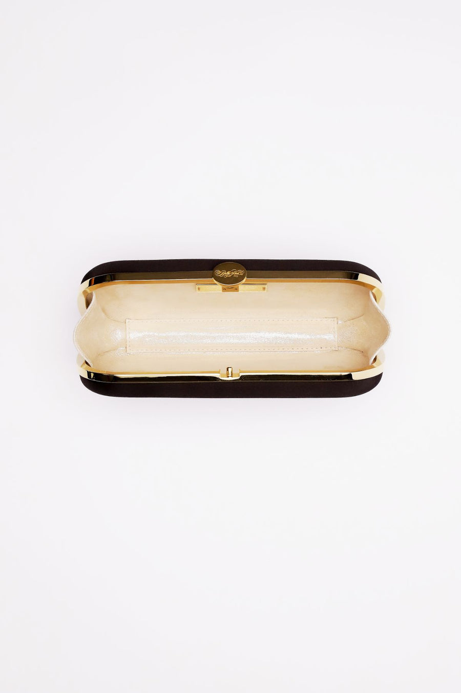 An open, empty Bella Rosa Collection designer bridal clutch displayed against a white background.