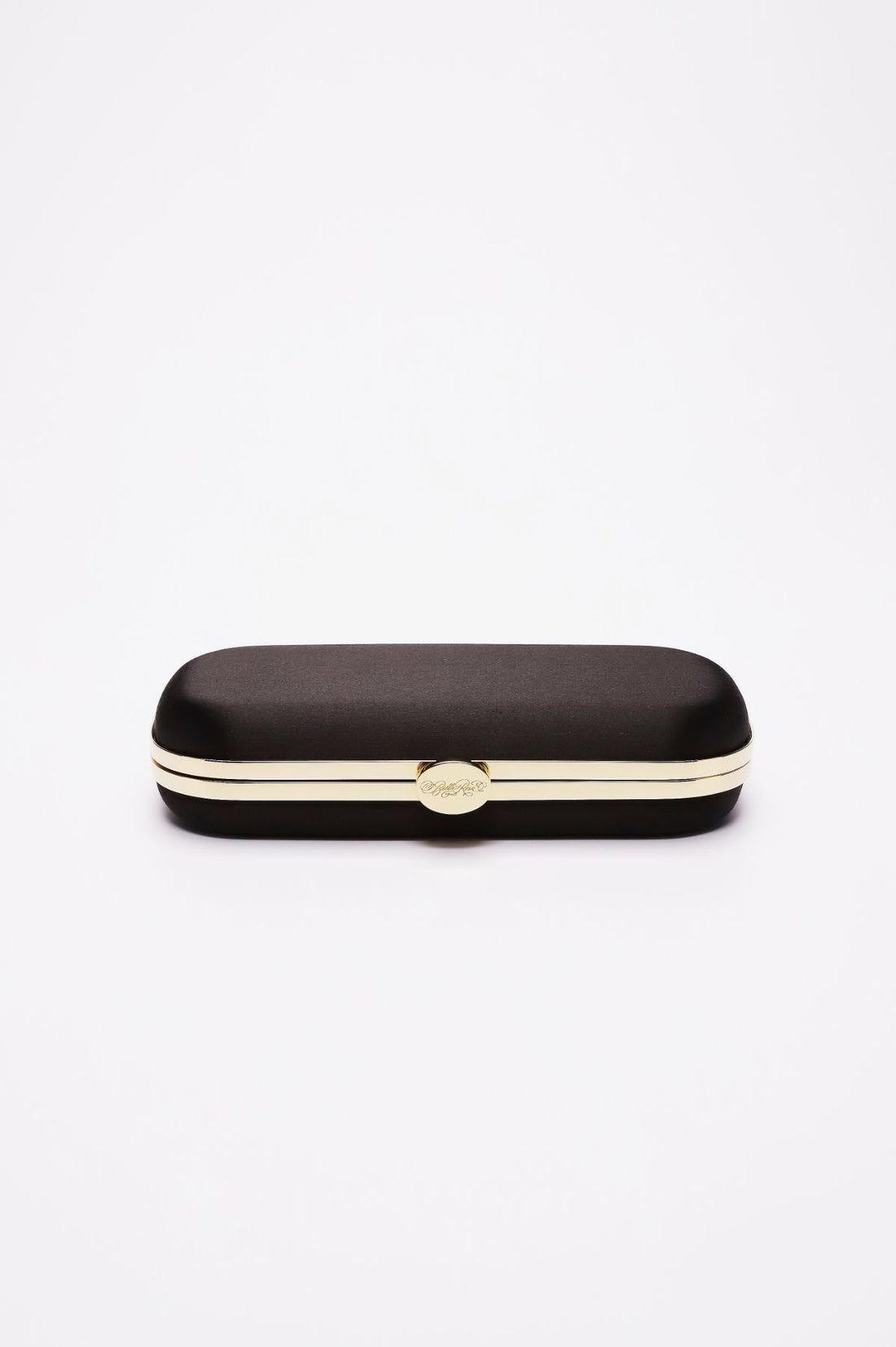 Top closed view of Bella Clutch in black satin with gold hardware frame.