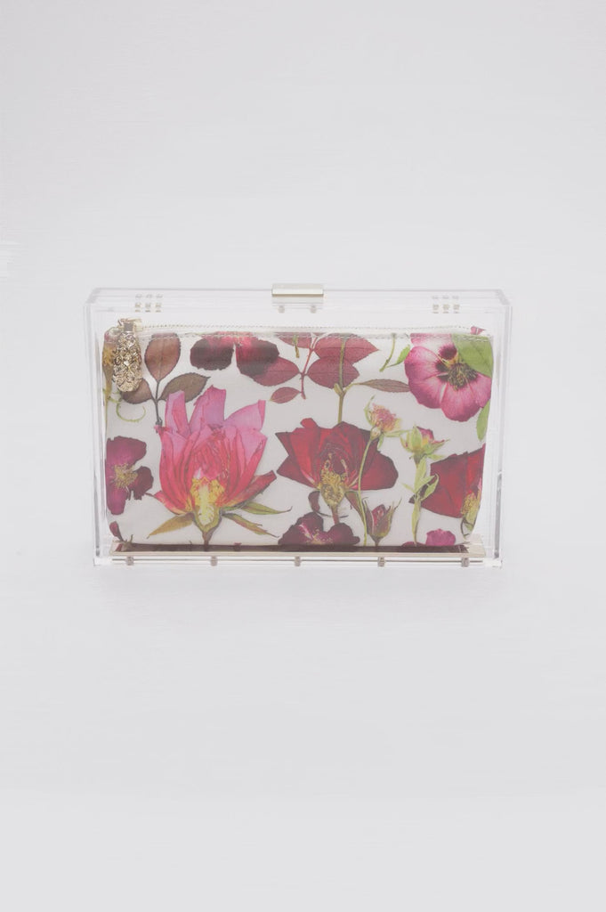 360 view of Mia Fiori Clutch with a clear acrylic rectangle case with floral print satin pouch interior.