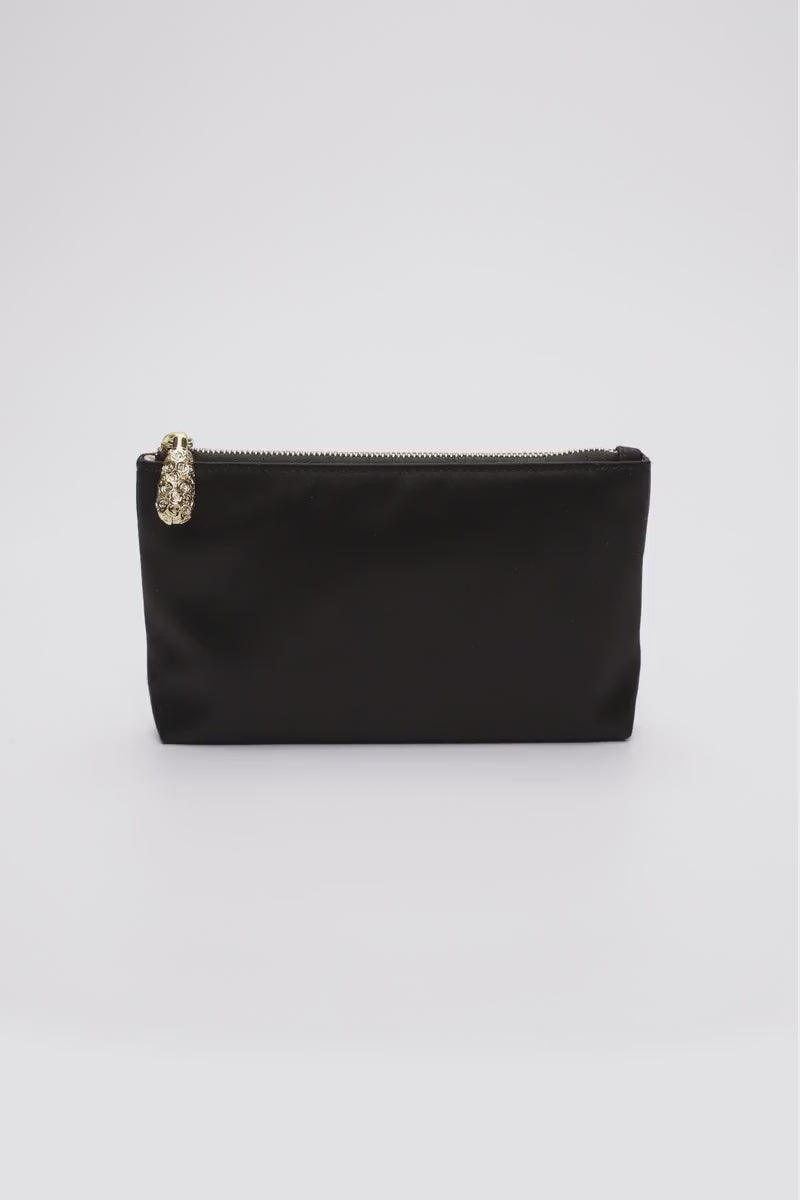 360 view of black satin pouch.