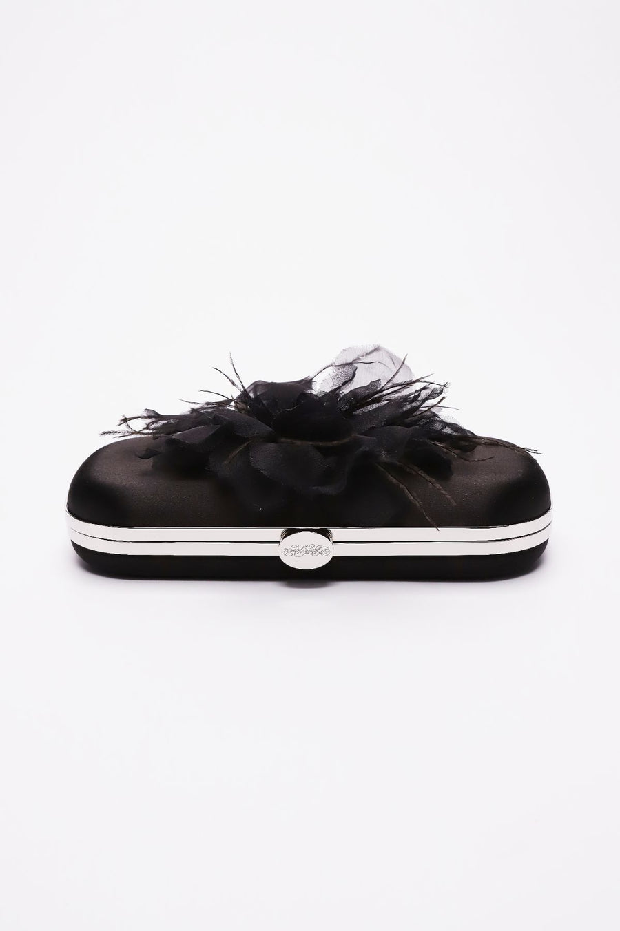 Side closed view of Bella Fiori Clutch in black satin with black flower adored on front side.