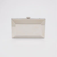 360 view of Milan clutch with a geometric beveled metal frame in reflective silver.