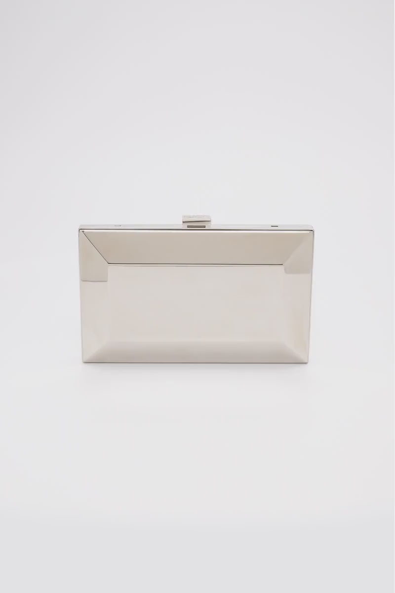 360 view of Milan clutch with a geometric beveled metal frame in reflective silver.