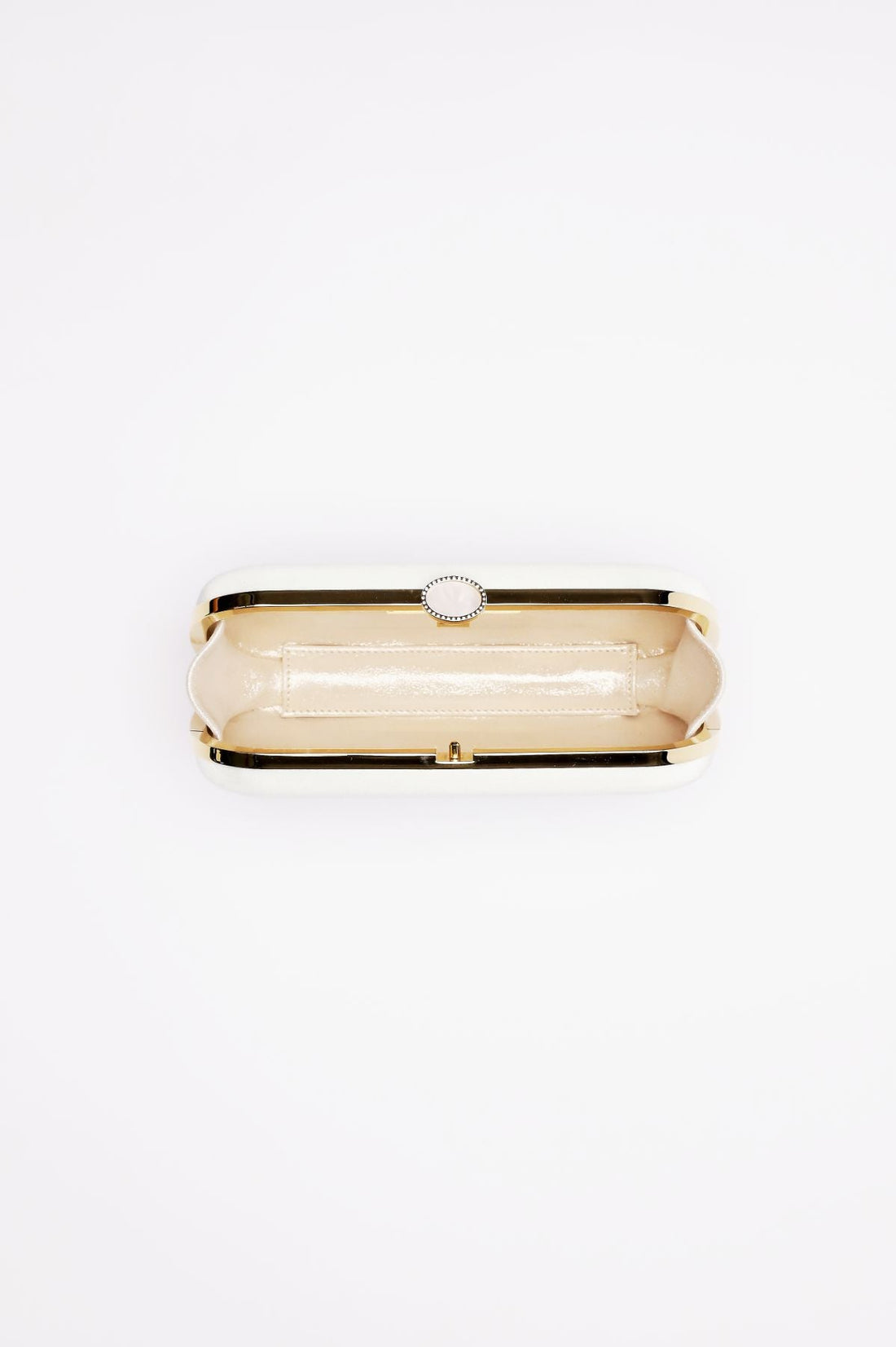Top open view of Bella Clutch in Ivory white satin with gold hardware frame.