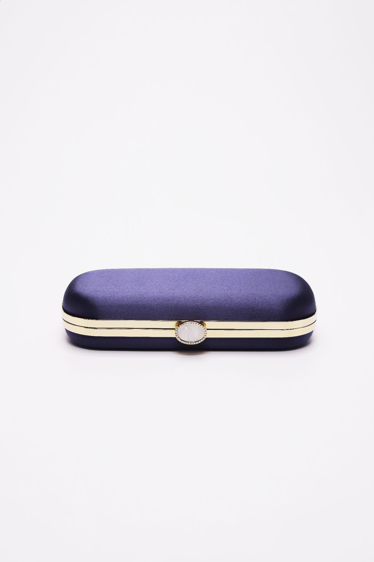 The Bella Rosa Collection&#39;s Navy Blue Petite Bella Clutch with white trim and central clasp on a white background.