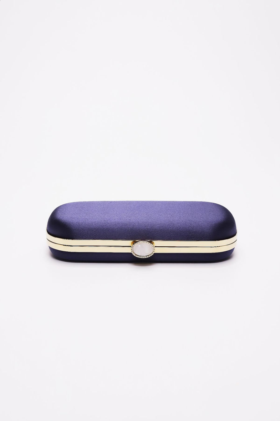 Top closed view of Bella Clutch in Navy Blue satin with silver hardware frame.