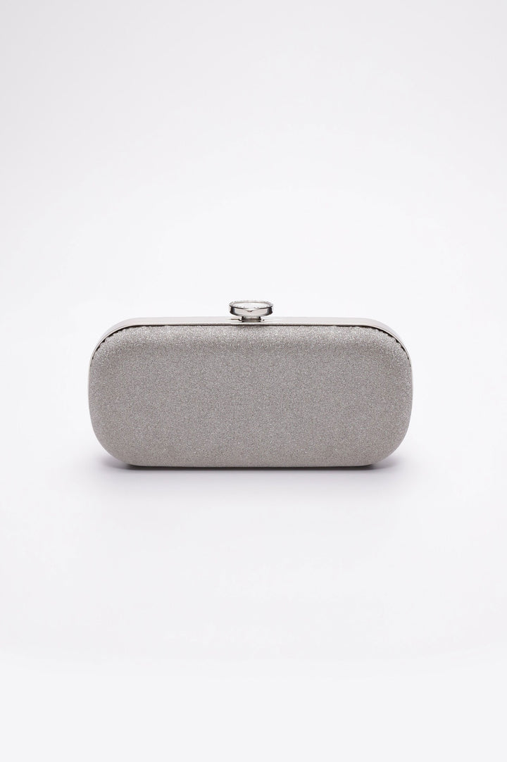 Silver shimmer Bella Clutch with silver frame.