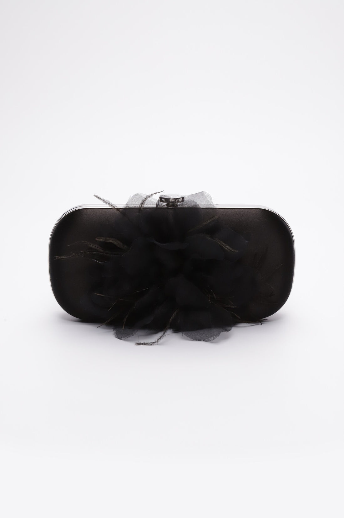 Front view of Bella Fiori Clutch in black satin with black flower adored on front side.