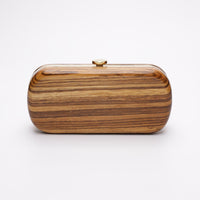 The Bella Rosa Collection Bella Clutch African Zebra Wood Petite, made from sustainably sourced wood with grain pattern and clasp closure.