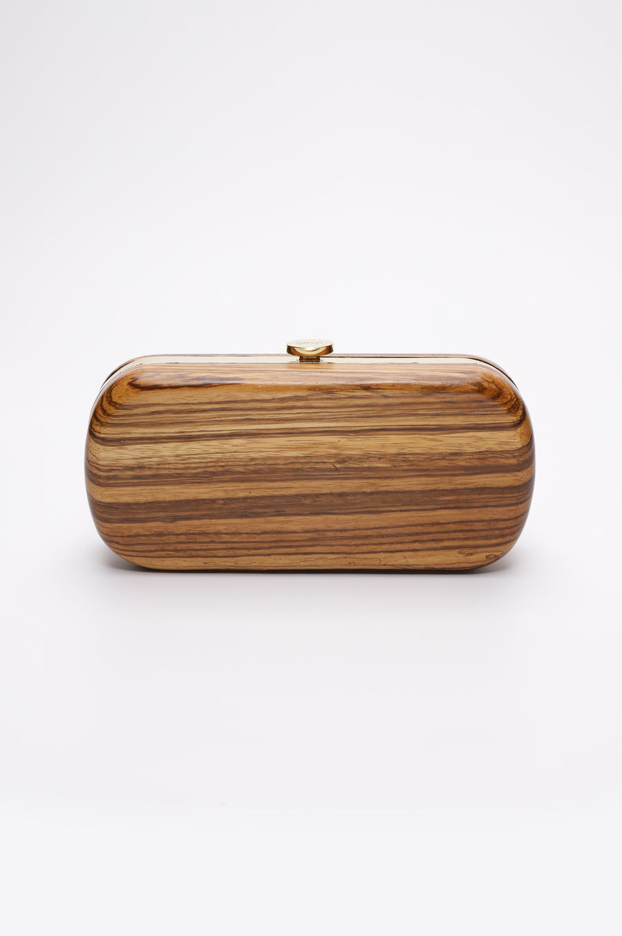 The Bella Rosa Collection Bella Clutch African Zebra Wood Petite, made from sustainably sourced wood with grain pattern and clasp closure.