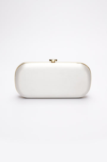 Front view of ivory satin Bella bridal clutch with gold hardware and mother of pearl clasp.
