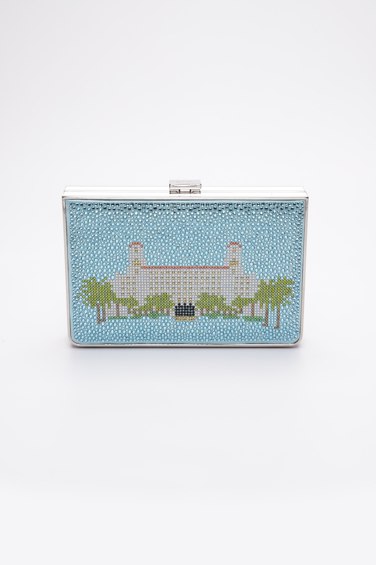 A Breakers Crystal Rhinestone Clutch from The Bella Rosa Collection with a palm tree pattern.