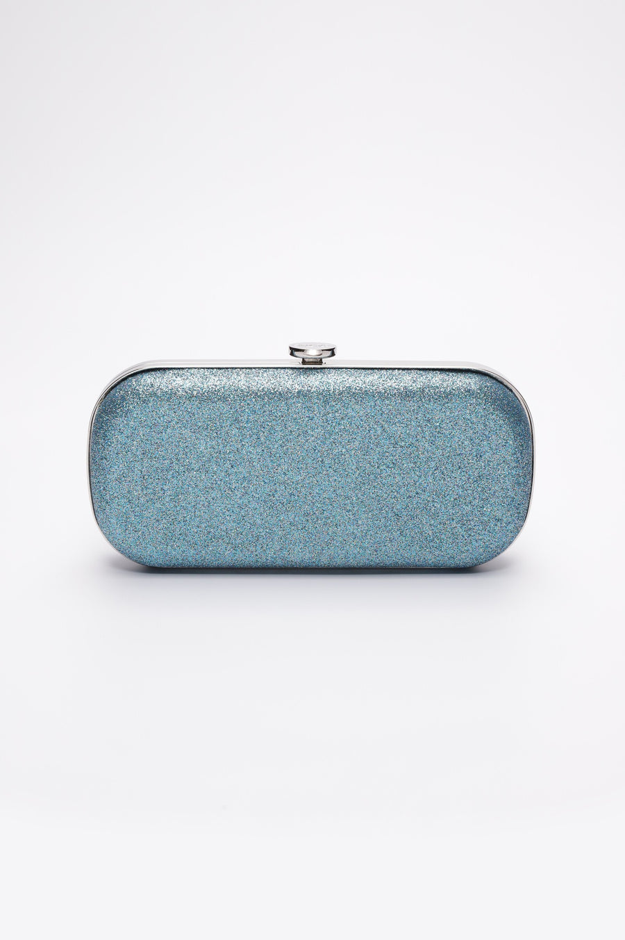 Front view of Shimmer Bella Clutch in Ocean Blue with silver clasp and hardware frame.