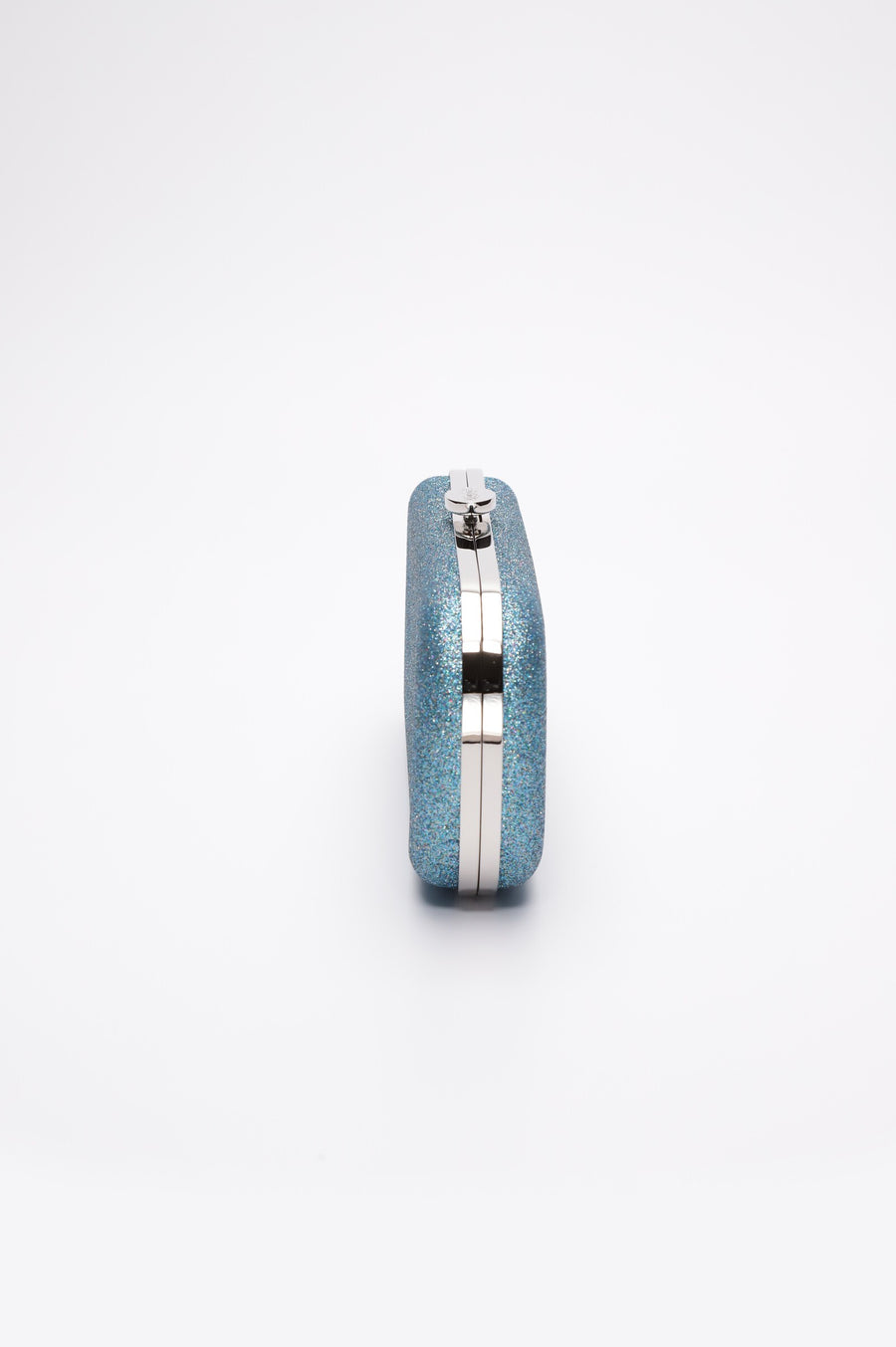 Side narrow view of Shimmer Bella Clutch in Ocean Blue with silver clasp.
