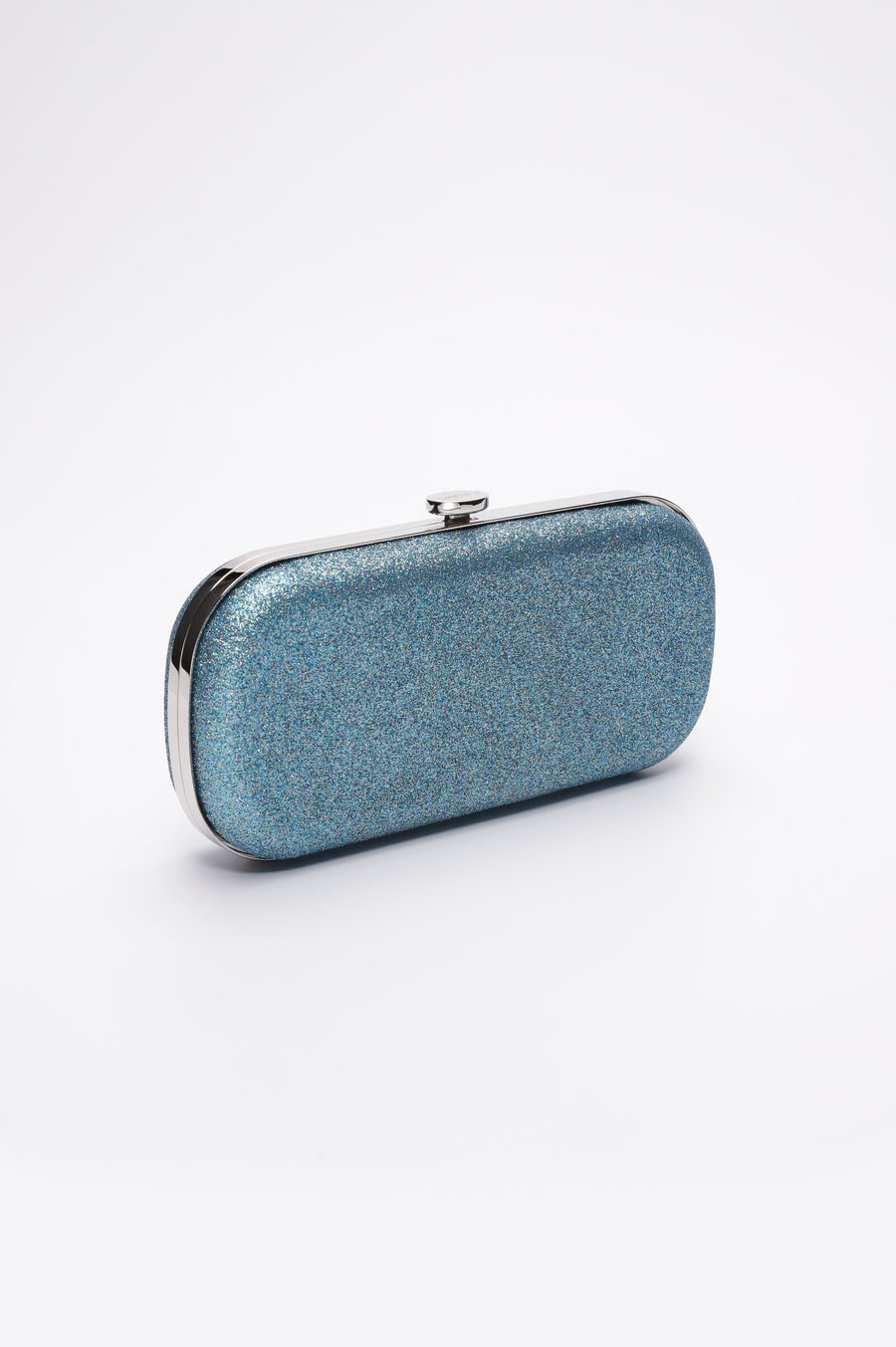 Side view of Shimmer Bella Clutch in Ocean Blue with silver clasp.