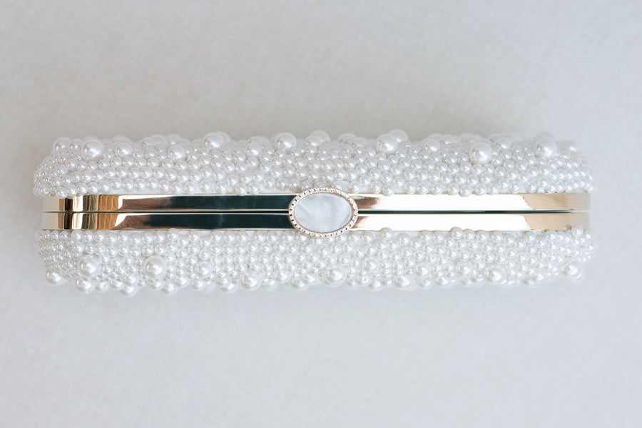 Pearl Encrusted Luxury Bridal Clutch with Gold Accents by Gabrielle Hurwitz and Bella Rosa