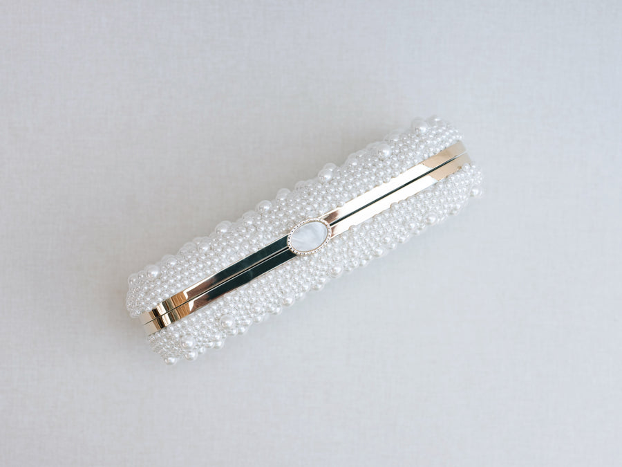 Pearl Encrusted Luxury Bridal Clutch with Gold Accents by Gabrielle Hurwitz and Bella Rosa